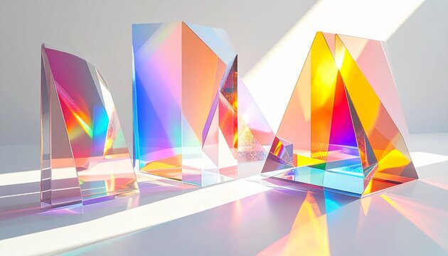 Prismatic Brilliance: A trio of crystal prisms refracts light, casting a vibrant spectrum of colors across a clean, modern surface, creating a visually captivating display of optics.