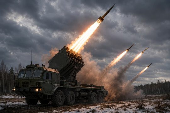 Multiple Launch Rocket System Firing Guided Rockets in Winter Battlefield
