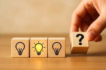 Wooden blocks with lightbulb icons and question mark conceptual photography © 121icons