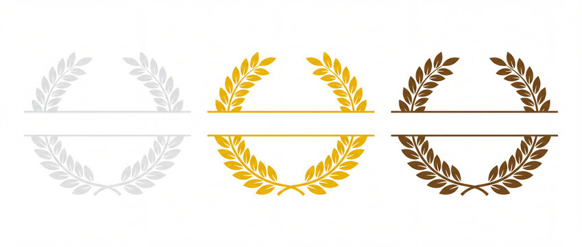Laurel wreath split frame set featuring silver, gold, and bronze metallic foliage emblems on a clean white background for awards, luxury certificates, and monogram designs