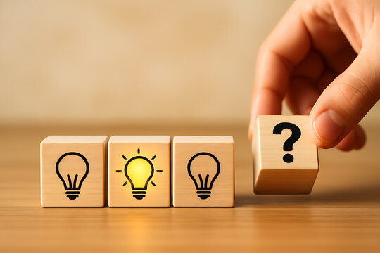 Wooden blocks with lightbulb icons and question mark conceptual photography