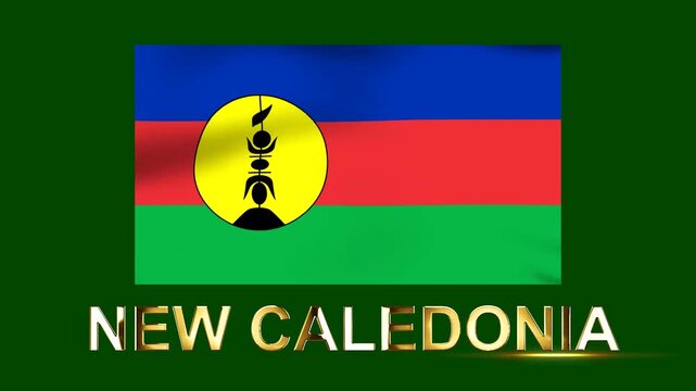 Waving flag of New Caledonia with golden text on a solid dark green background