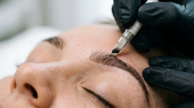 Cosmetologist applies permanent makeup to eyebrow using microblading tool