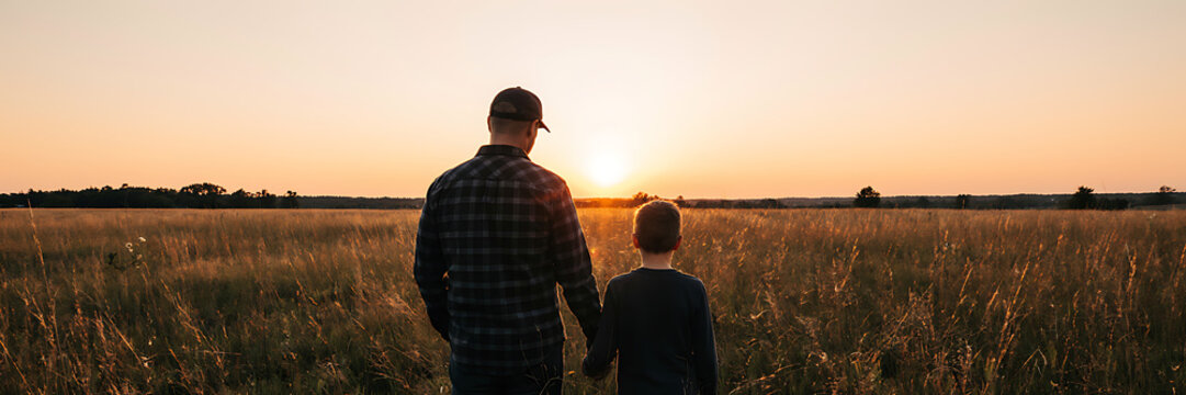 A father and his young son walking hand in hand through a tall grass field during a peaceful and warm sunset in the countryside landscape
