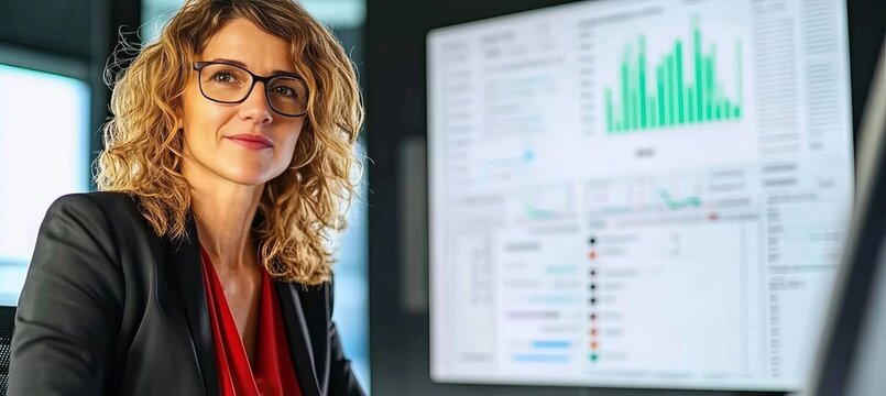 Confident Businesswoman Looking Aside While Working Or Studying With Data Graphs Display Laptop