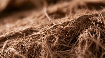 Naklejka premium Close up of textured brown fibrous strands forming a dense organic surface under warm lighting
