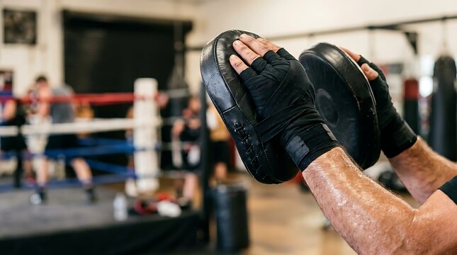 Boxer training with focus mitts in a gym with blurred background