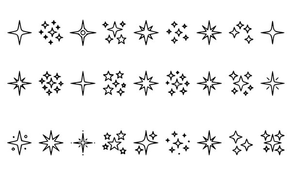Sparkle and star icon collection featuring decorative twinkle symbols, magical shine effects, celestial accents and elegant geometric vector design elements