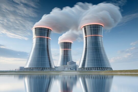 Industrial nuclear power plant cooling towers emitting white steam vapor with blue sky background