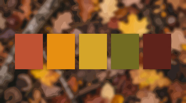 Autumn Color Palette Swatches Over Fallen Leaves Background Autumn fall atmosphere. autumn vibe.