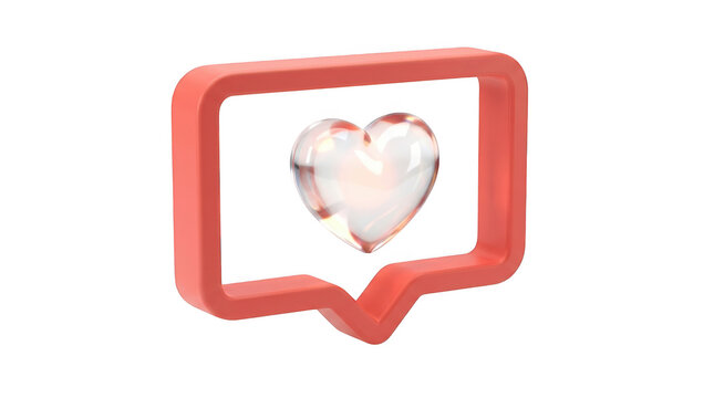 3d render of a red social media notification speech bubble icon with a glass heart inside, isolated on transparent background