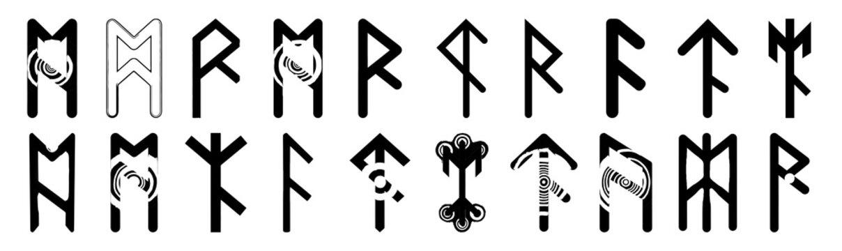 Halloween glowing rune vector icon set and silhouette bundle isolated on transparent background