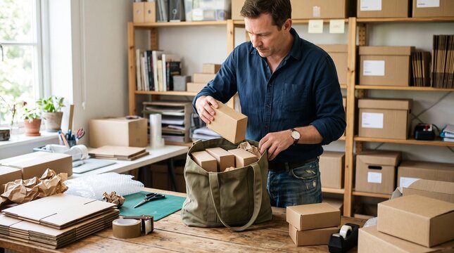Man packing small cardboard boxes into a large canvas bag in a workshop filled with shipping supplies