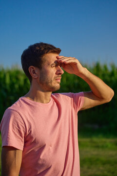 Man raises his hand over his eyes to block bright sunlight while standing near cornfield