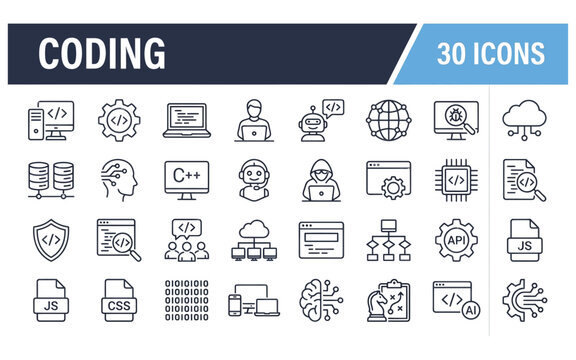 Set of thirty flat line style coding icons featuring web development elements for modern digital projects.