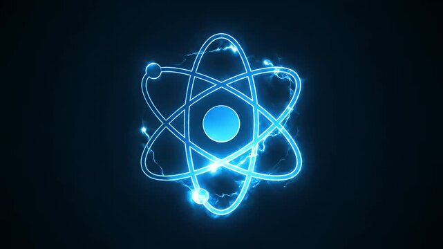 Glowing blue neon atom symbol on black background.