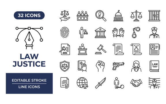 Law and justice icons set with editable stroke for legal documentation court procedures and compliance.