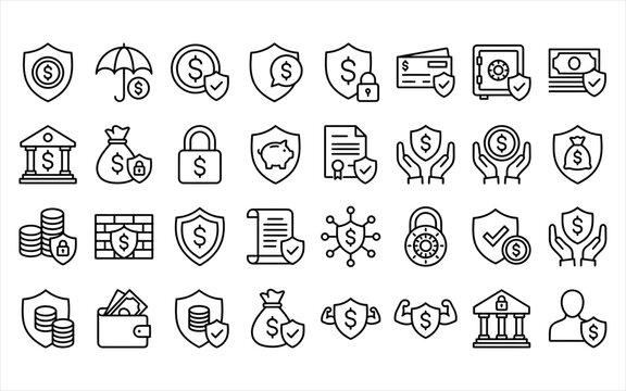 Financial security linear icons set featuring bank vault shields and money protection for banking app.