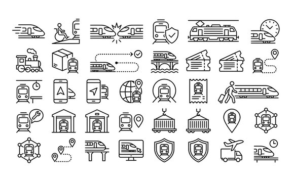 Train icons set in black line style for railway transportation logistics and passenger travel planning.