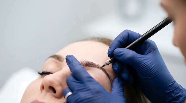 Cosmetologist applies permanent makeup to client's eyebrows with precision tool