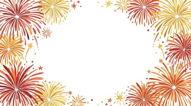 Red and gold fireworks bursting on a white background, border frame