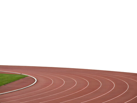 Curved running track section with green infield and white lane markings isolated on transparent background