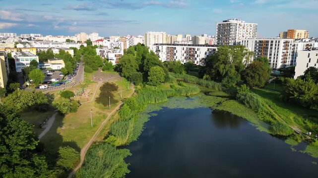 Aerial view of residential buildings over Goclawskie Lake in Goclaw area, subdistrict of Praga-Poludnie, Warsaw, Poland