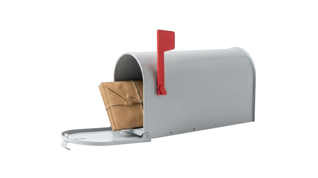 Open metal mailbox with letters isolated on transparent background