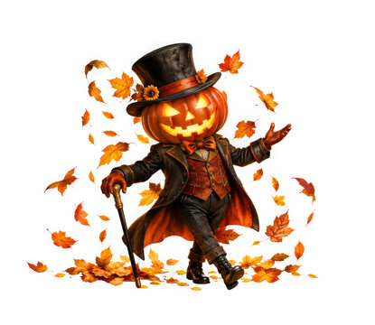 Gentleman pumpkin head character in top hat dancing isolated on transparent background