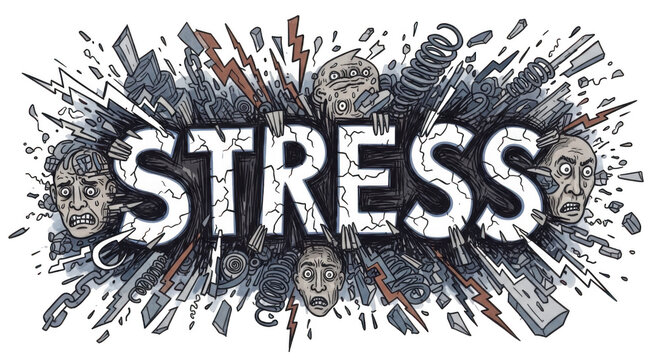 Stress concept illustration with distressed faces and chaotic elements