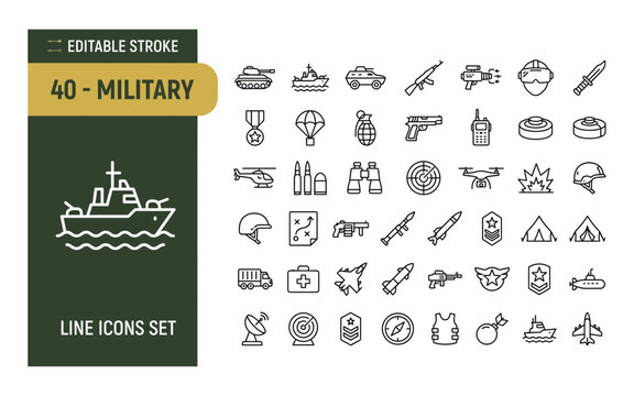 Military line icons set with tanks aircraft and combat equipment for tactical digital map design works.