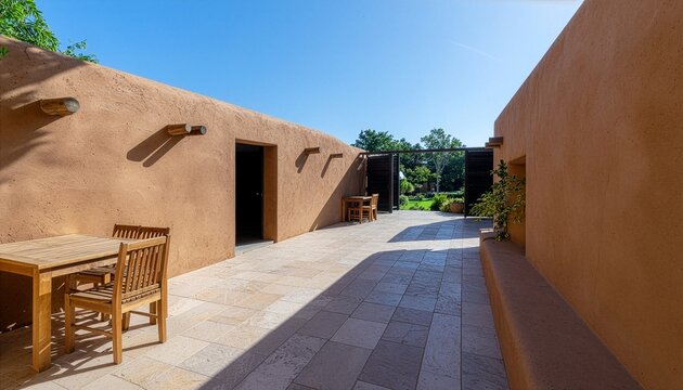 Modern adobe style courtyard with wooden furniture and blue sky