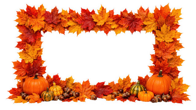 Autumn fall leaves frame with pumpkins and acorns isolated on transparent background