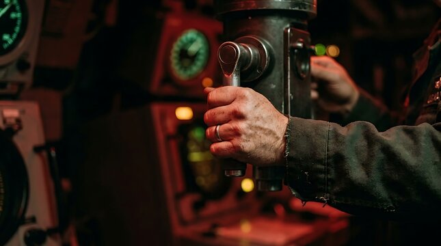Submarine control room with hand on lever and glowing gauges