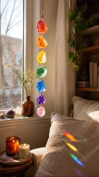 Rainbow light from crystal suncatcher in cozy room