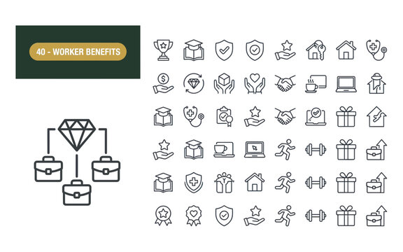 Worker benefits icons set depicting corporate perks including health insurance rewards and wellness.