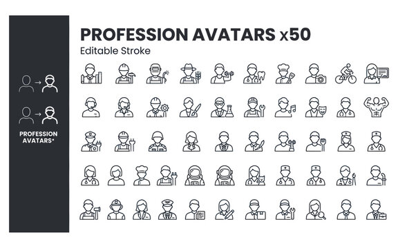 Profession avatars set featuring diverse occupation outline icons on transparent background for design.