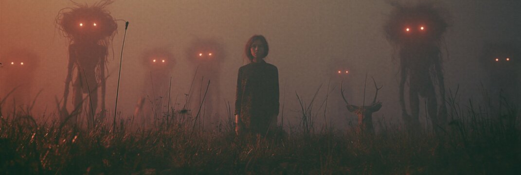 A lone figure stands amidst a haunting, overgrown landscape, confronted by enigmatic, moss-covered entities.