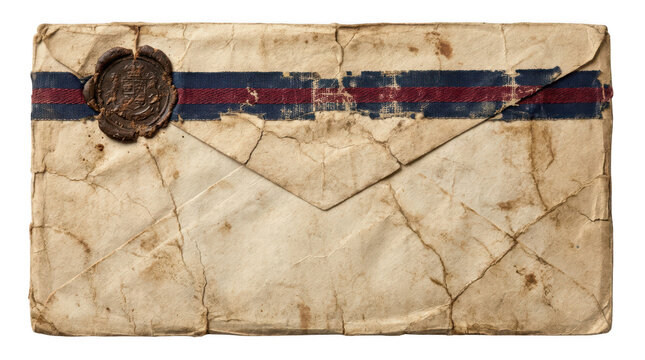 Vintage aged paper envelope with wax seal and red and blue ribbon isolated on transparent background