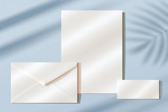 Blank stationery mockup with envelope and card on soft blue background with palm shadow