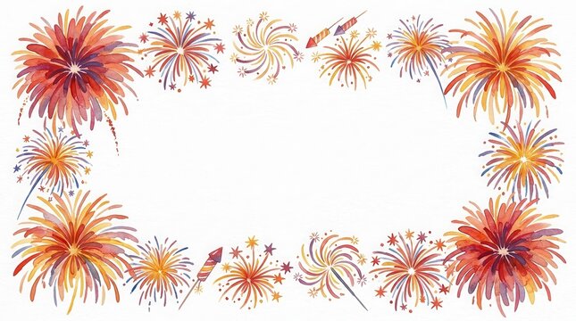 Watercolor fireworks border frame with red, orange, and yellow colors