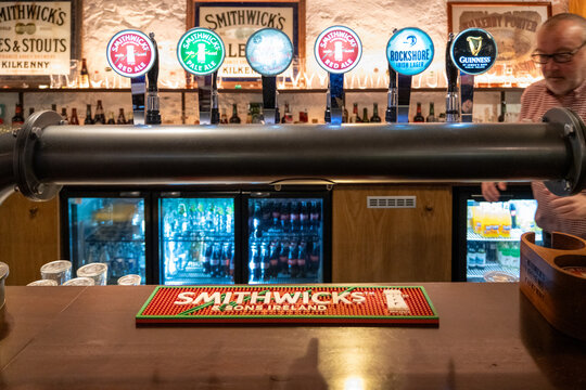 Killkenny, Ireland - 4 Jul 25: Smithwick's and Guinness Beer Taps in Kilkenny