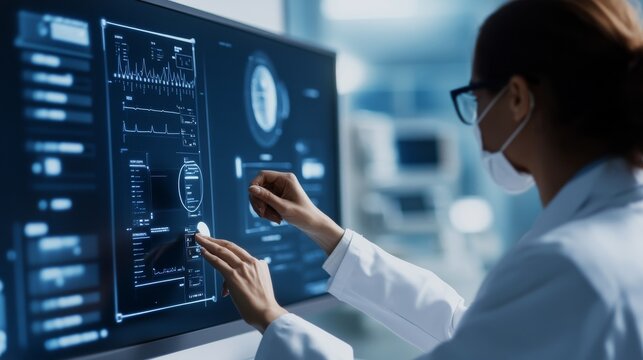 Medical Specialist Using Diagnostic Dashboard Diagnostic Service Wide View, medical technology service, AI diagnostic solutions, connected healthcare support