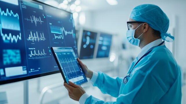Medical Specialist Using Digital Patient Dashboard Healthcare Maintenance Display, medical technology service, AI diagnostic solutions, connected healthcare support