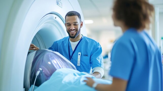 Medical Technician Servicing Scanner Hospital Equipment Healthcare Maintenance Display, medical technology service, AI diagnostic solutions, connected healthcare support