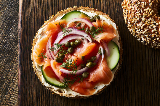 Lox bagel: a sandwich with smoked salmon and fresh vegetables on a wooden board, overhead, flat lay shot