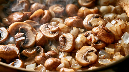 Fototapeta premium Macro Close Up of Sliced Mushrooms and Diced Onions Cooking in Skillet