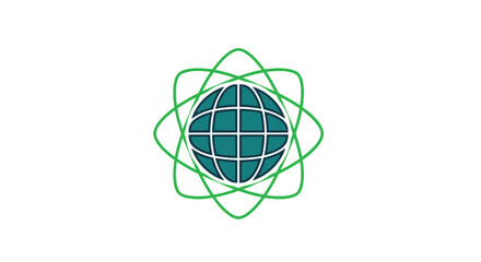 Abstract graphic representation of a stylized globe with orbiting green atomic or planetary rings. © Bejo
