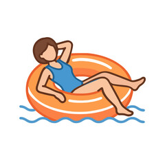 Fototapeta premium Woman relaxing in orange inflatable pool float on a sunny summer day, enjoying leisure time by the water