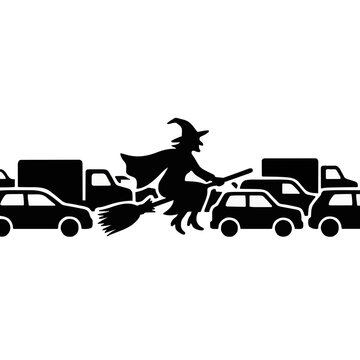 Witch flying on a broomstick over a traffic jam of cars and trucks, whimsical Halloween scene